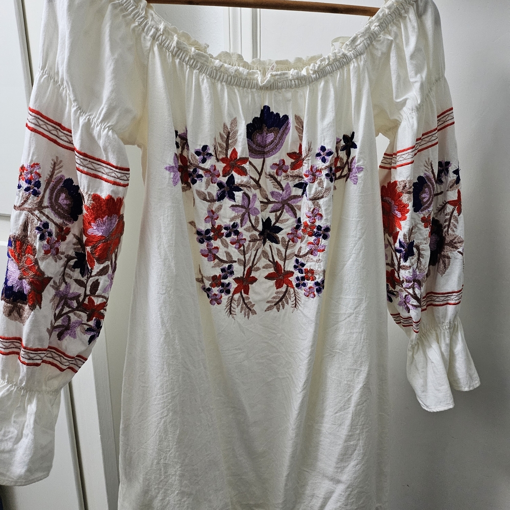 Free People White Mini Dress with Red and Purple Embroidery